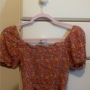 SO Orange Smocked Puff Sleeve Blouse